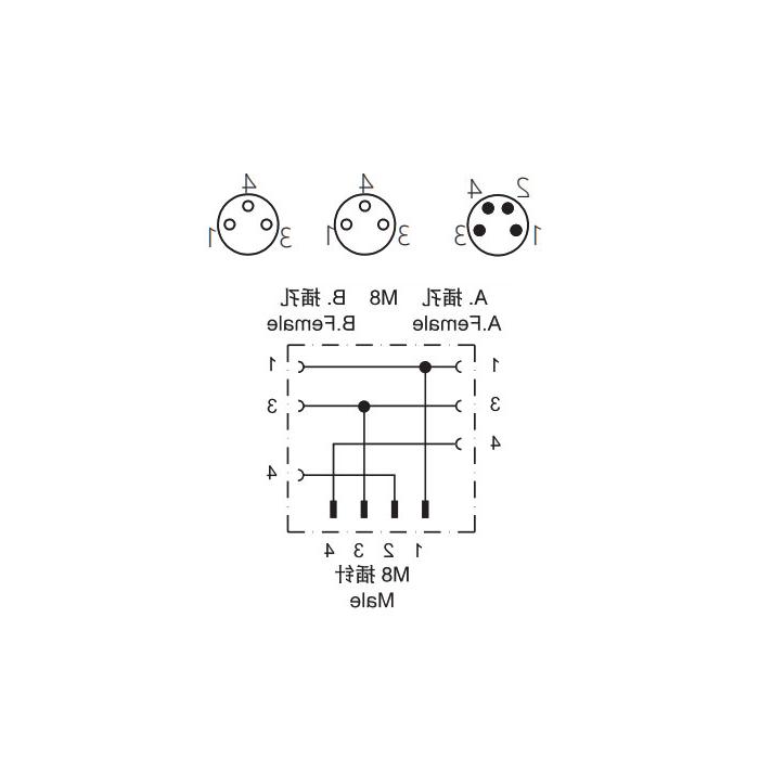 M8 4Pin公头/2M8 3Pin母头、Y型预铸PUR拖链电缆、黑色护套、63D321-XXX